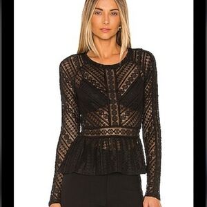 NWT BCBGMAXAZRIA Knit Lace Peplum Top size Xtra Small Black Long Sleeve